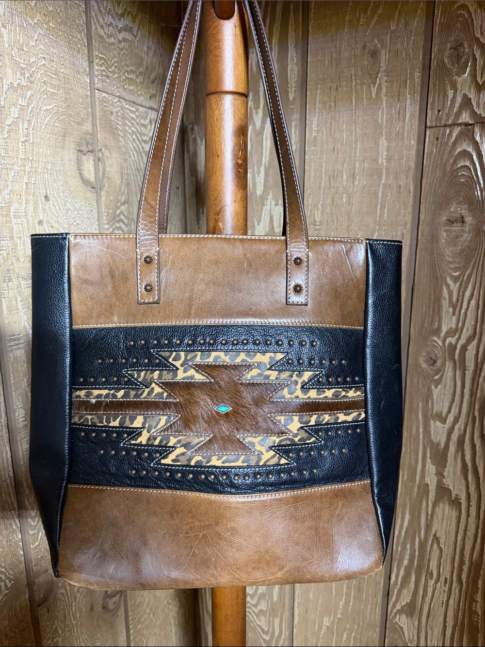 Southwestern Pattern Leather Tote in Brown and Black